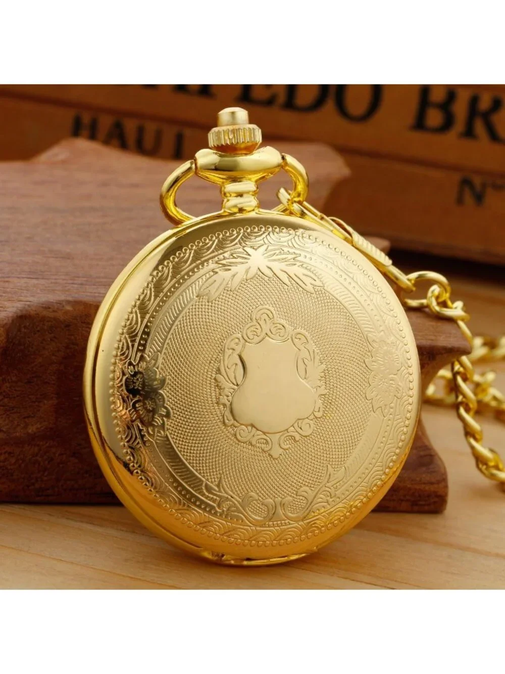 Men's Gold Analog Quartz Flower Arabic Numerals Movement Chain Clip Pocket Watch